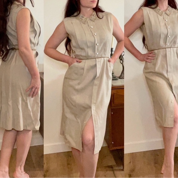 Carlye Dresses & Skirts - Vintage 1940’s 50s rhinestone beads linen dress pleats buttons Medium M 28”w VLV